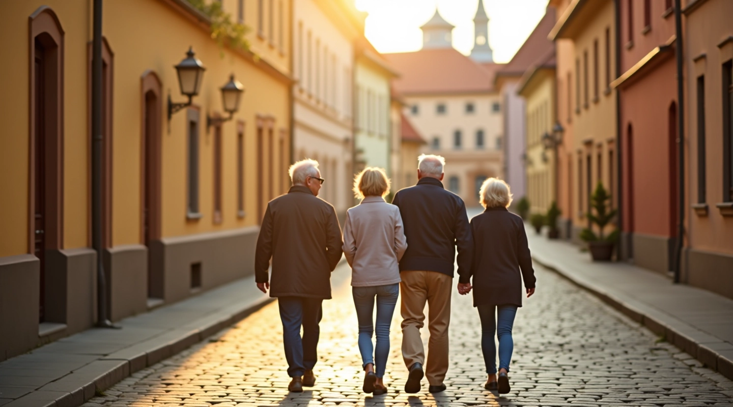 Seniori staigā pa vēsturiskās pilsētas ieļu