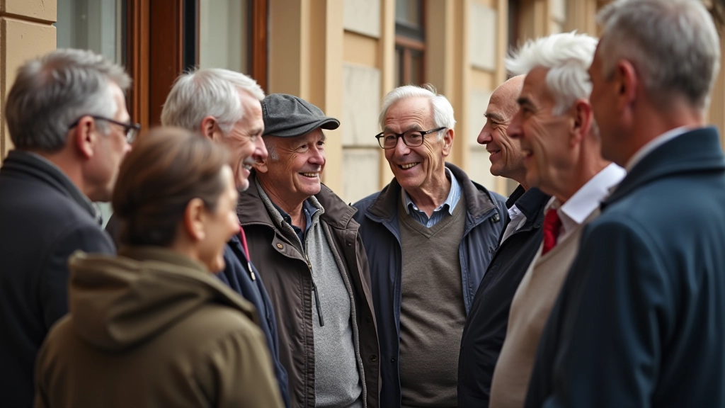 Grupa senioru apmeklē vēsturisku ēku, viņi klausās parunsātāju un smejas kopā