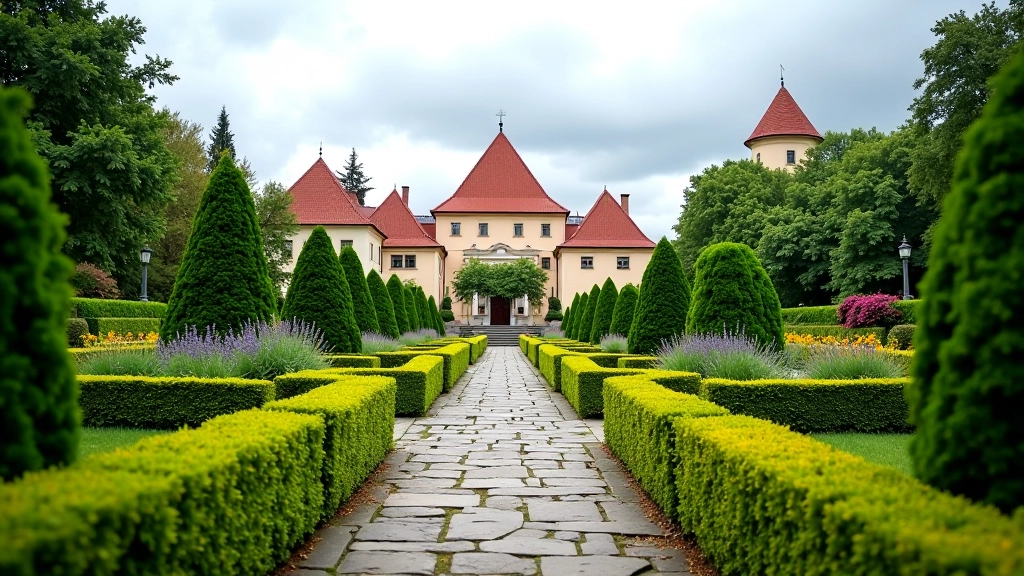 Jaunpils pils dārzi ar klasiskiem ornamentāliem krūmiem un sezonāliem ziediem