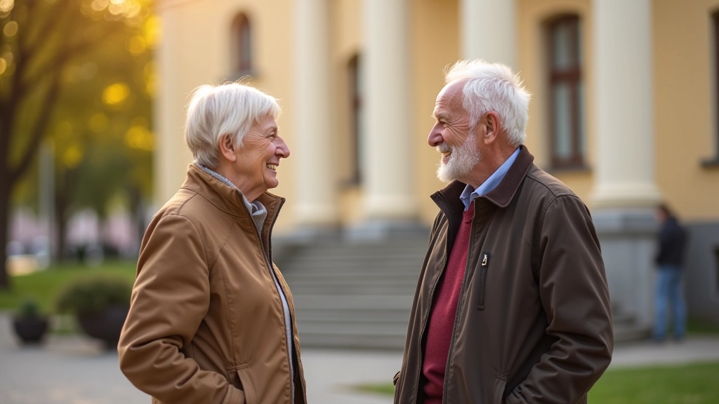 Divi seniori aprunājas pie vēsturiskās ēkas